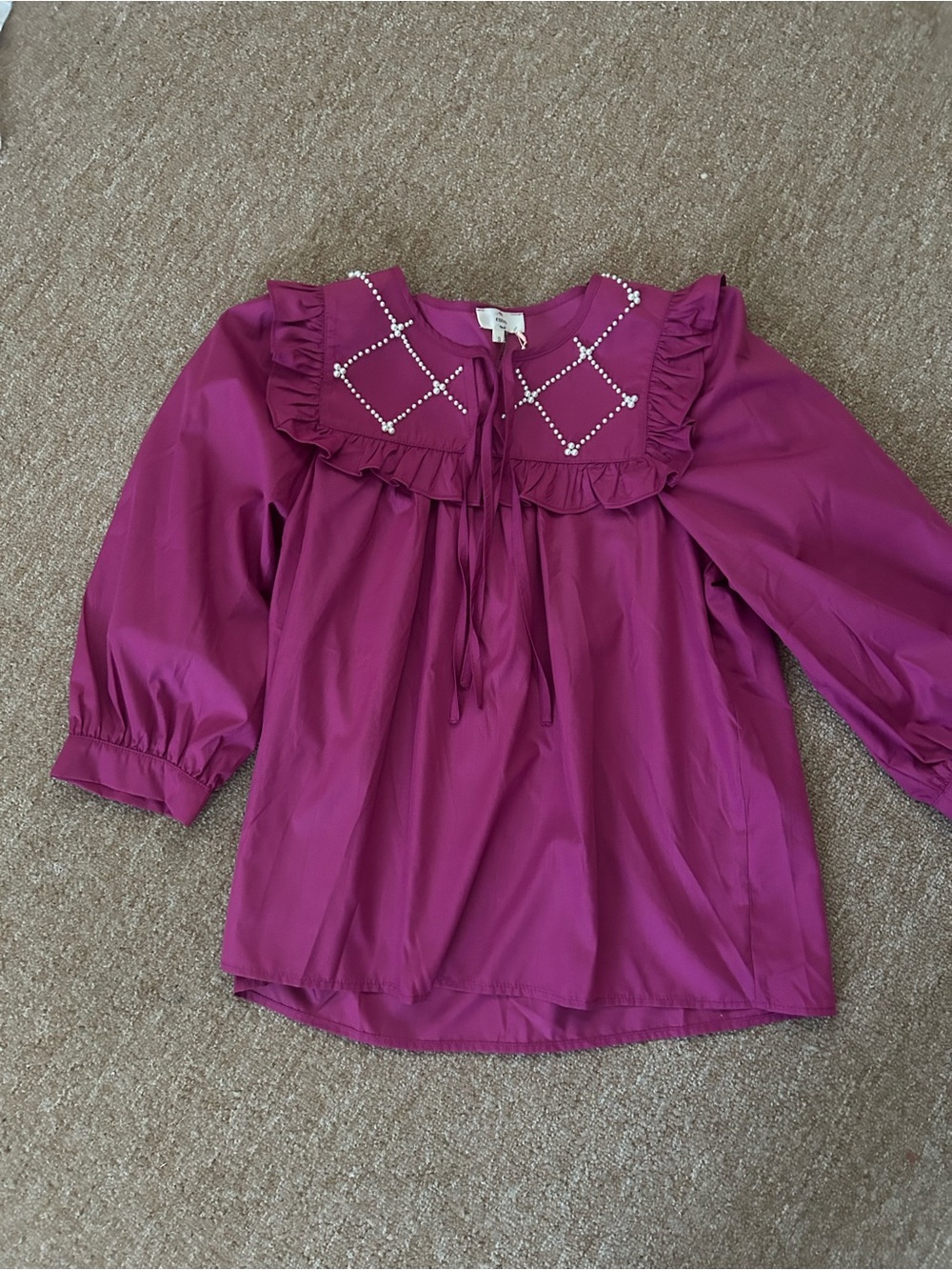 entro Magenta Ruffle Collar Blouse with Pearl Accents